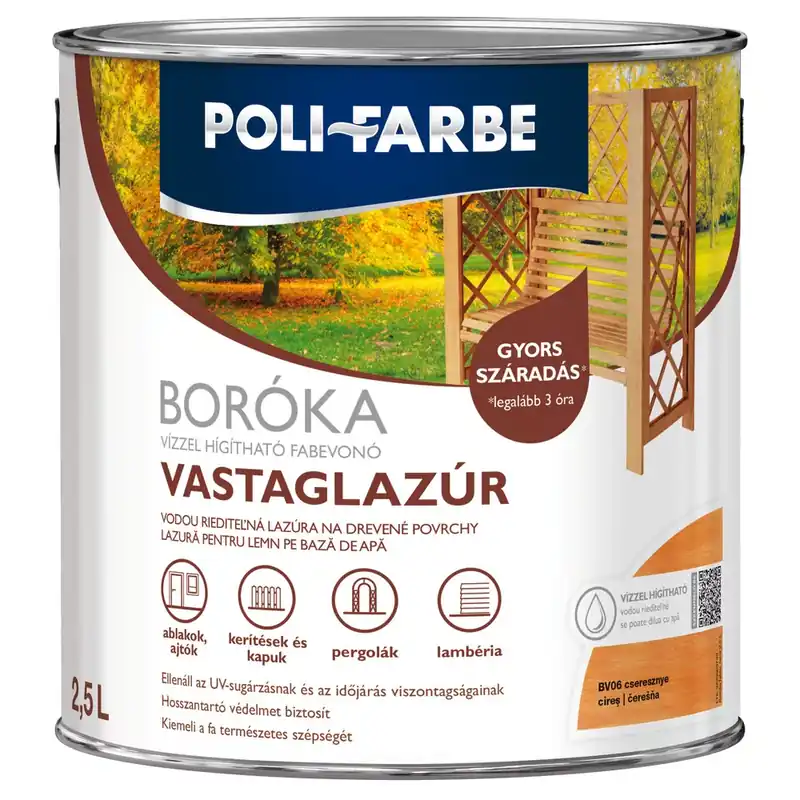 Végkiárusítás Poli-Farbe Boróka cseresznye 2,5 l vizes bázisú lazúrfesték