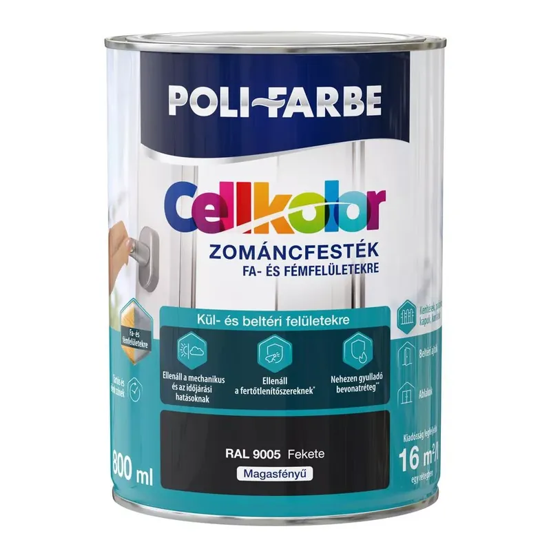 Poli-Farbe Cellkolor fekete RAL 9005 0,8l magasfényű Zománcfesték Prémium
