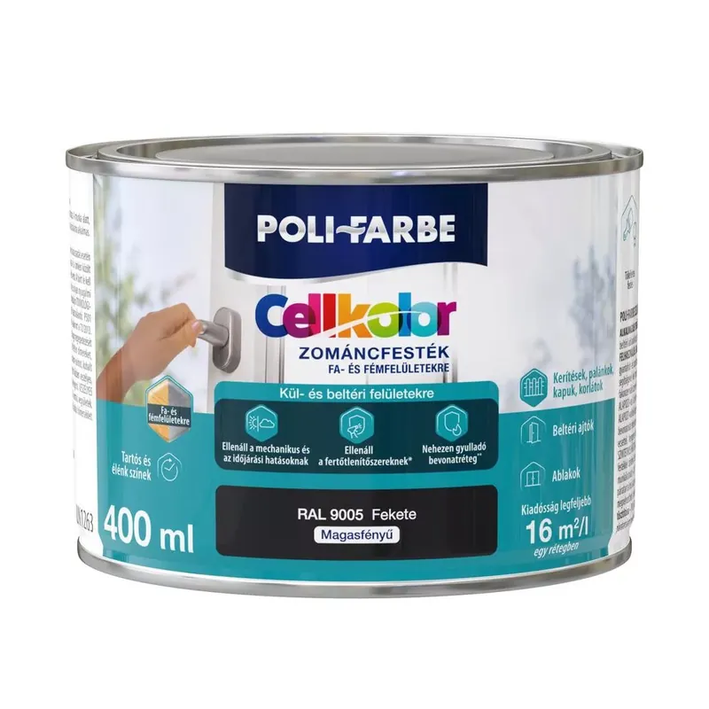 Poli-Farbe Cellkolor fekete RAL 9005 0,4l magasfényű Zománcfesték Szuper ajánlat