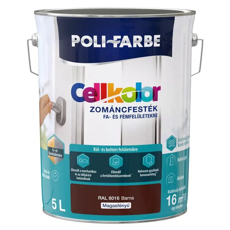 Poli-Farbe Cellkolor barna RAL 8016 5l magasfényű Zománcfesték Olcsóbb