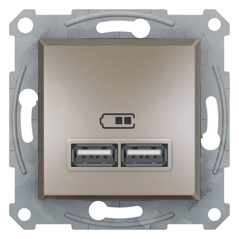 Kiárusítás Schneider Electric ASFORA Dupla USB töltő, 2.1A, A+A, bronz (EPH2700269)