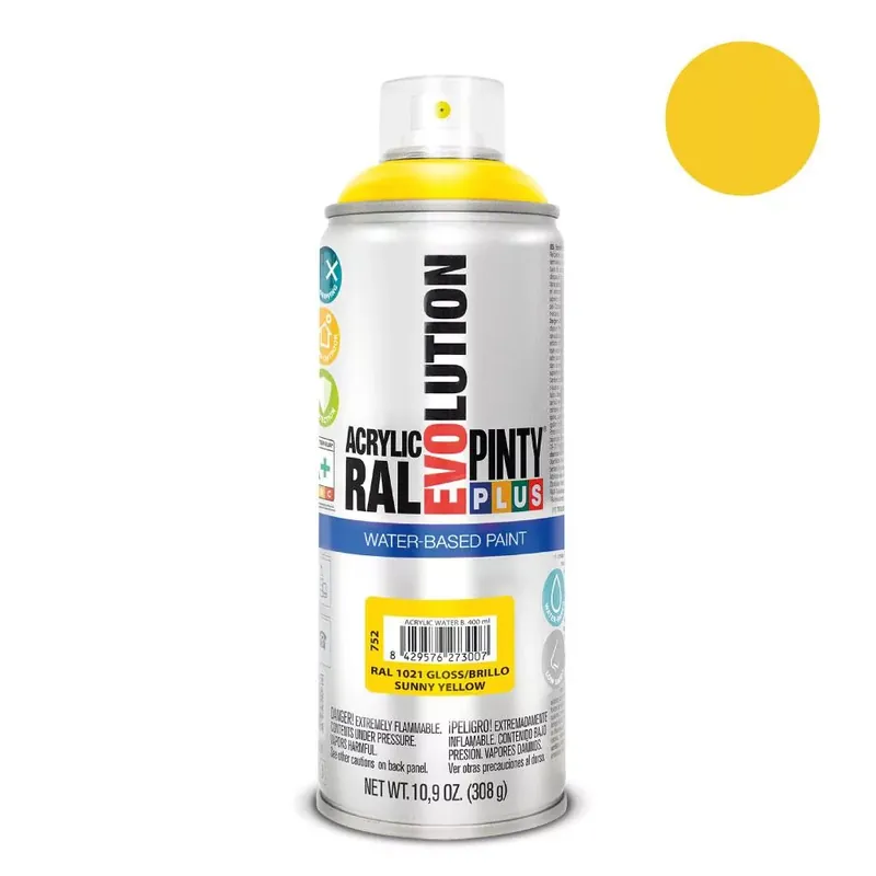 Expressz kézbesítés Pinty Plus Evolution Sunny Yellow vizes bázisú akril festék spray fényes 400ml RAL 1021