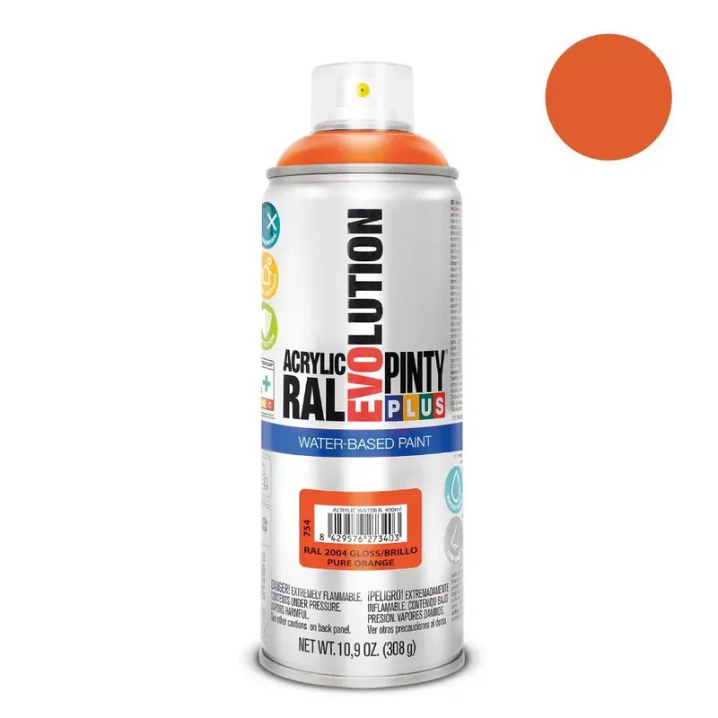 Pinty Plus Evolution Pure Orange vizes bázisú akril festék spray fényes 400ml RAL 2004 Biztonságos fizetés