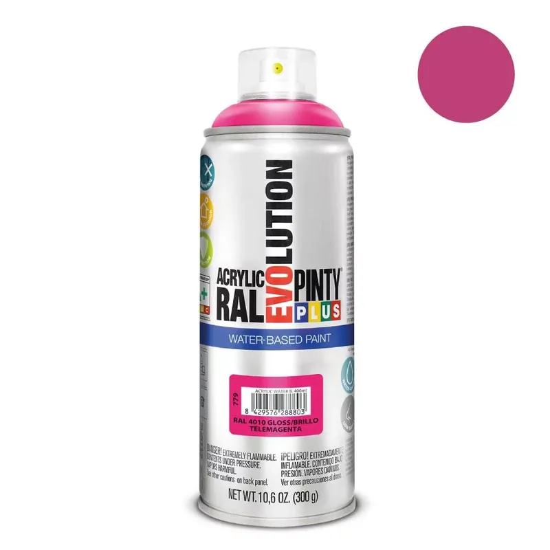 Pinty Plus Evolution Telemagenta vizes bázisú akril festék spray fényes 400ml RAL 4010 Biztonságos vásárlás