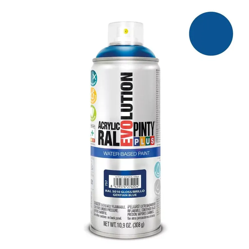 Utolsó esély Pinty Plus Evolution Gential Blue vizes bázisú akril festék spray fényes 400ml RAL 5010