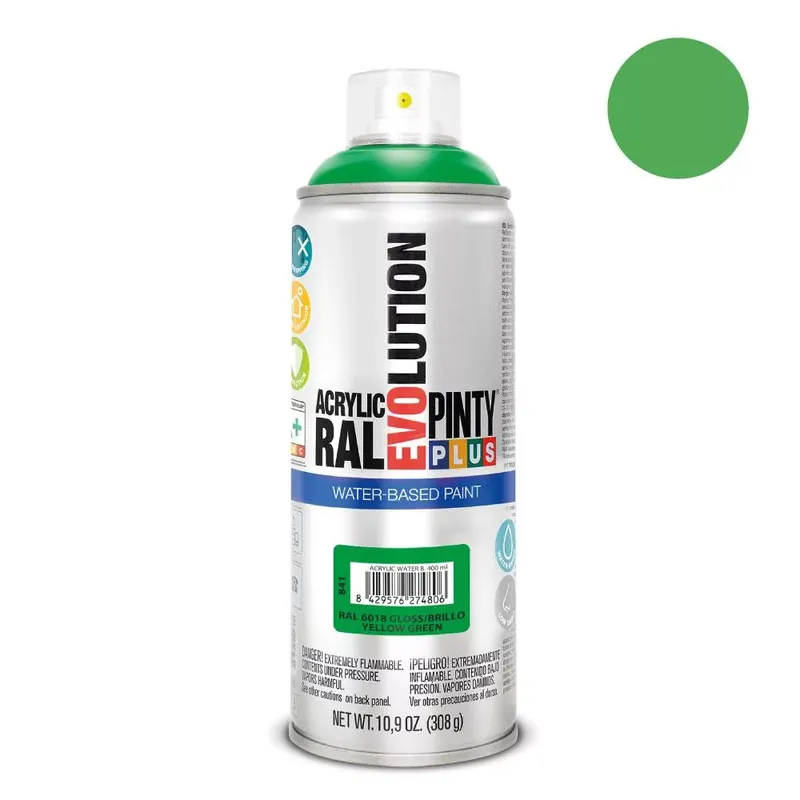 Pinty Plus Evolution Yellow Green vizes bázisú akril festék spray fényes 400ml RAL 6018 Biztonságos fizetés
