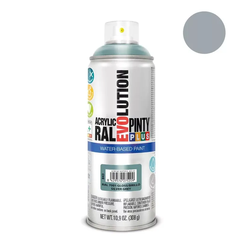 Pinty Plus Evolution Silver Grey vizes bázisú akril festék spray fényes 400ml RAL 7001 Szuper ajánlat