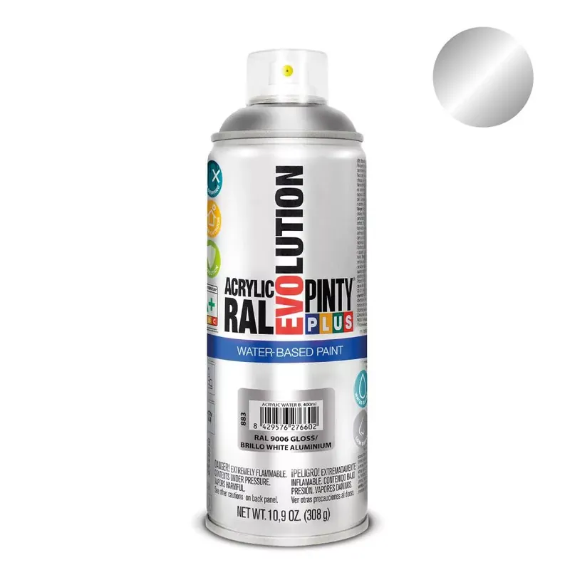 Vásárlói kedvenc Pinty Plus Evolution White Aluminium vizes bázisú akril festék spray fényes 400ml RAL 9006