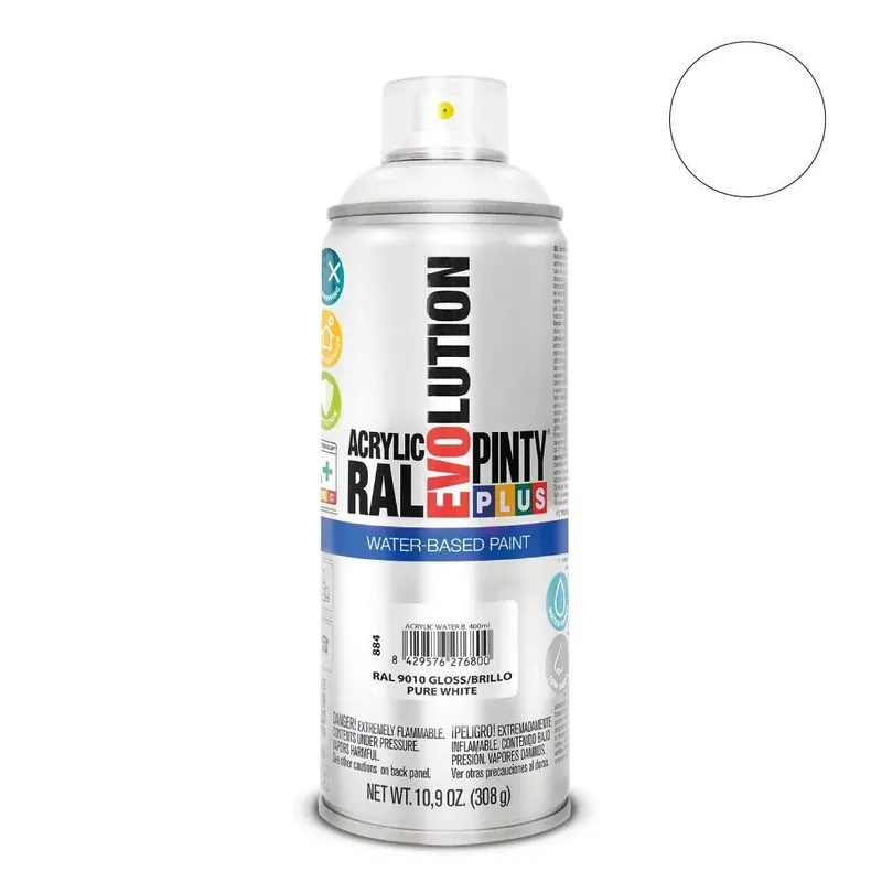 Szuper akció Pinty Plus Evolution Pure White vizes bázisú akril festék spray fényes 400ml RAL 9010