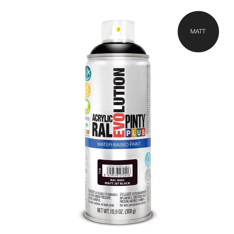 Pinty Plus Evolution Jet Black vizes bázisú akril festék spray matt 400ml RAL 9005 Vedd meg most