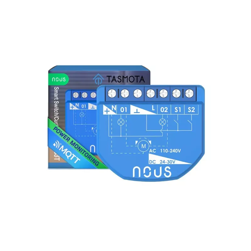 Nous B3T okos Wi-Fi-s 2 áramkörös, fogyasztásmérős, redőny / motoros függöny vezérlő modul (Tasmota firmware, Matter) Azonnali szállítás
