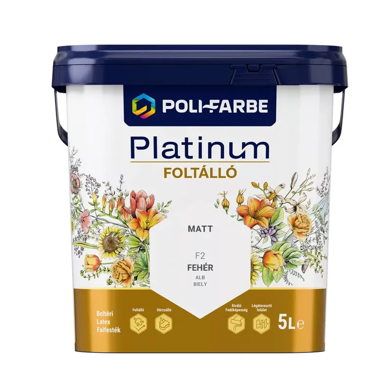 Poli-Farbe Platinum Foltálló fehér színű 5l beltéri latex falfesték Gyors kiszállítás