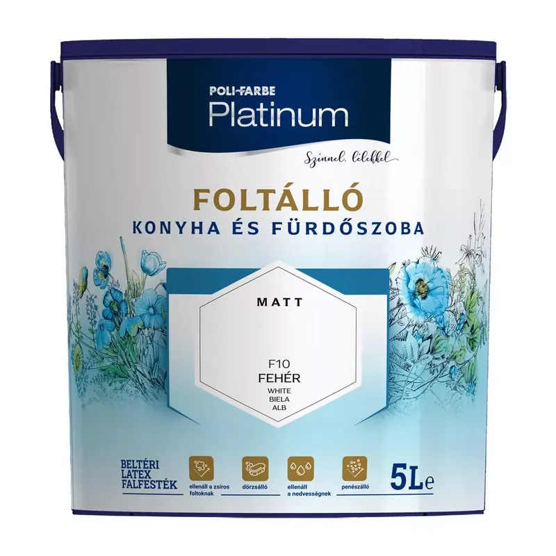 Legkelendőbb Poli-Farbe Platinum Foltálló Konyhai és Fürdőszoba Beltéri Falfesték Fehér 5 liter
