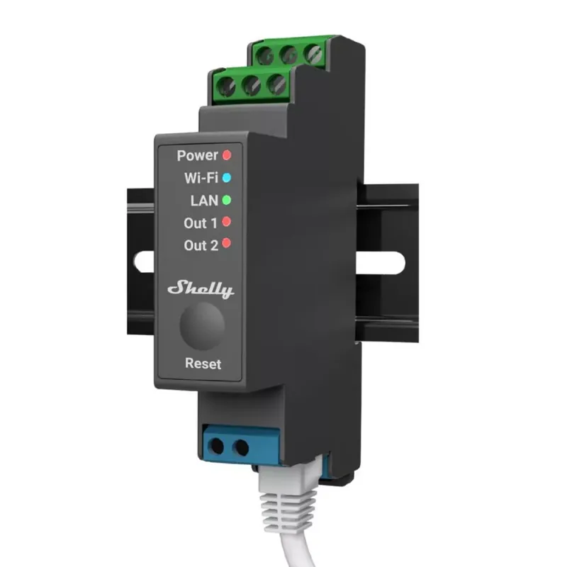 Végkiárusítás Shelly PRO 2 DIN-sínre szerelhető, 2 áramkörös, WiFi + Ethernet + Bluetooth modul, feszültségmentes kapcsolásra is