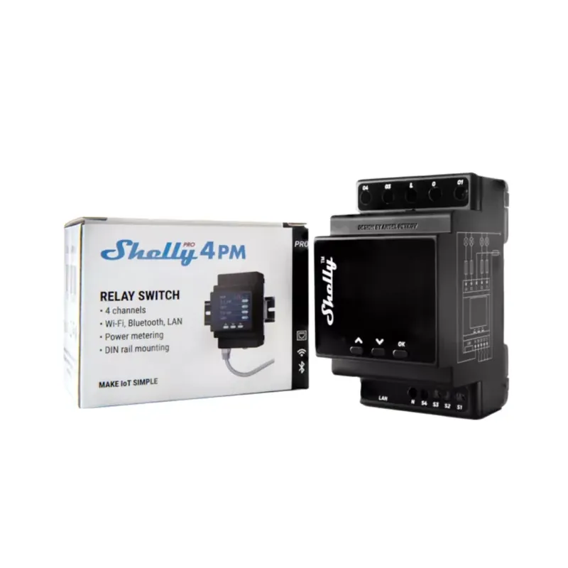 Azonnal elérhető Shelly Pro 4PM négy áramkörös WiFi + Ethernet + Bluetooth okosrelé, kapcsolóbemenettel, DIN-sínre szerelhető