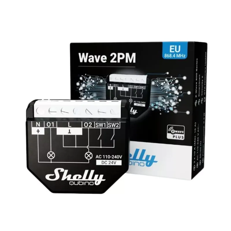 Outlet Shelly Qubino Wave 2PM két áramkörös, fogyasztásmérős okosrelé, Z-Wave protokoll kompatibilis