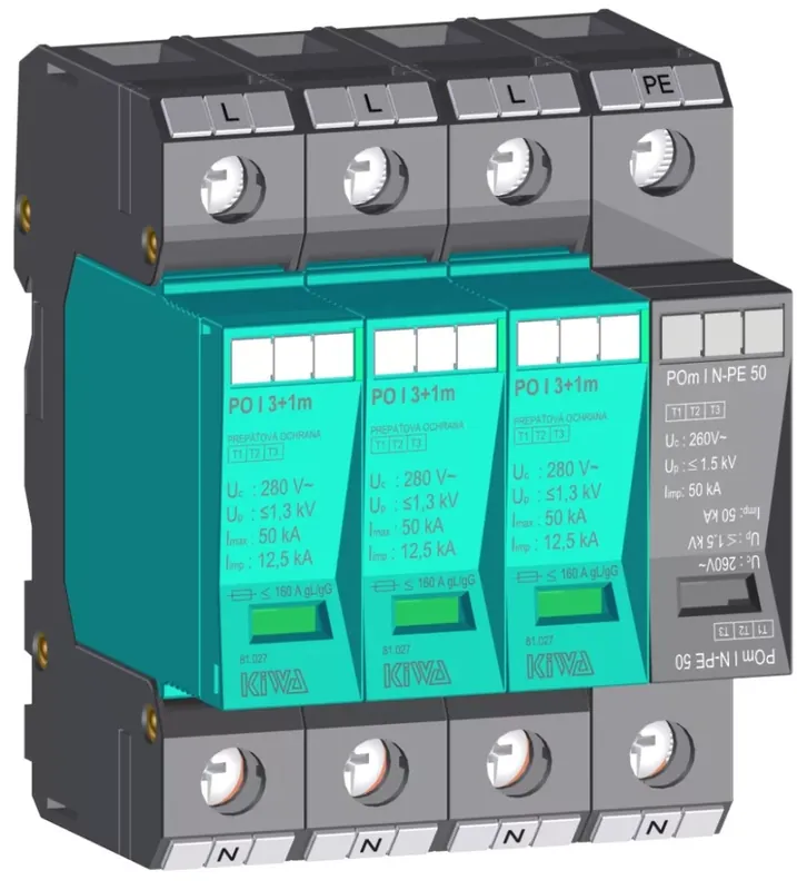 KIWA túlfeszültség levezető PO I 3+1 m 280V túlfeszültség levezető 12,5kA T1+T2 (B+C) cikkszám 81.027 Kiárusítás