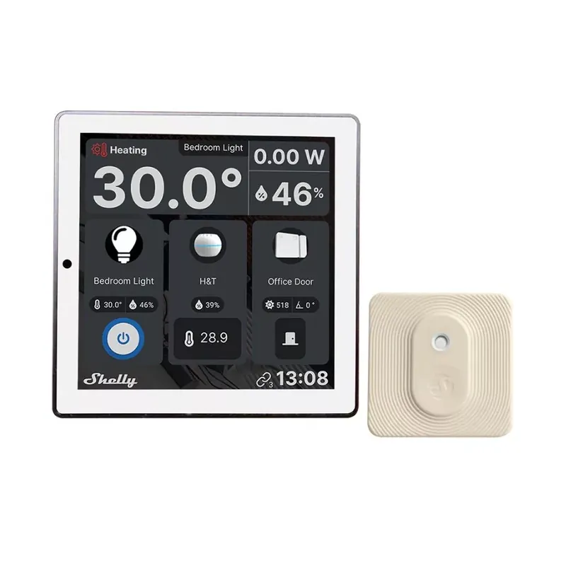 Nézd meg most Shelly Wall Display Wi-Fi+Bluetooth villanykapcsoló és színes érintőképernyős vezérlőpanel (fehér) + Shely BLU H&T hőmérséklet és pára érzékelő