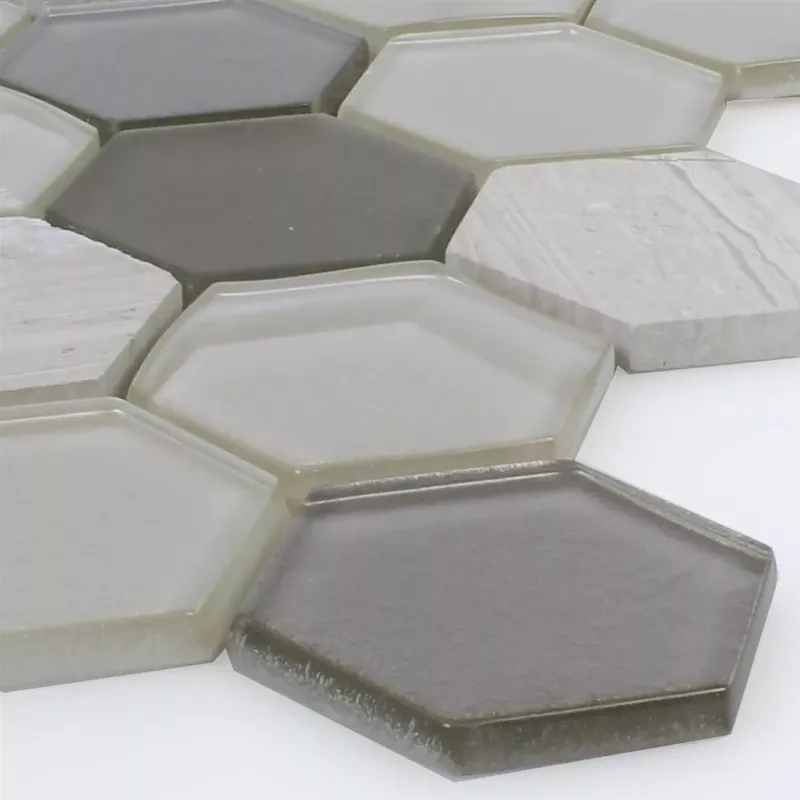 Mozaik Csempe Hatszög Üveg Természetes Kő Világos Szürke 3D Akció