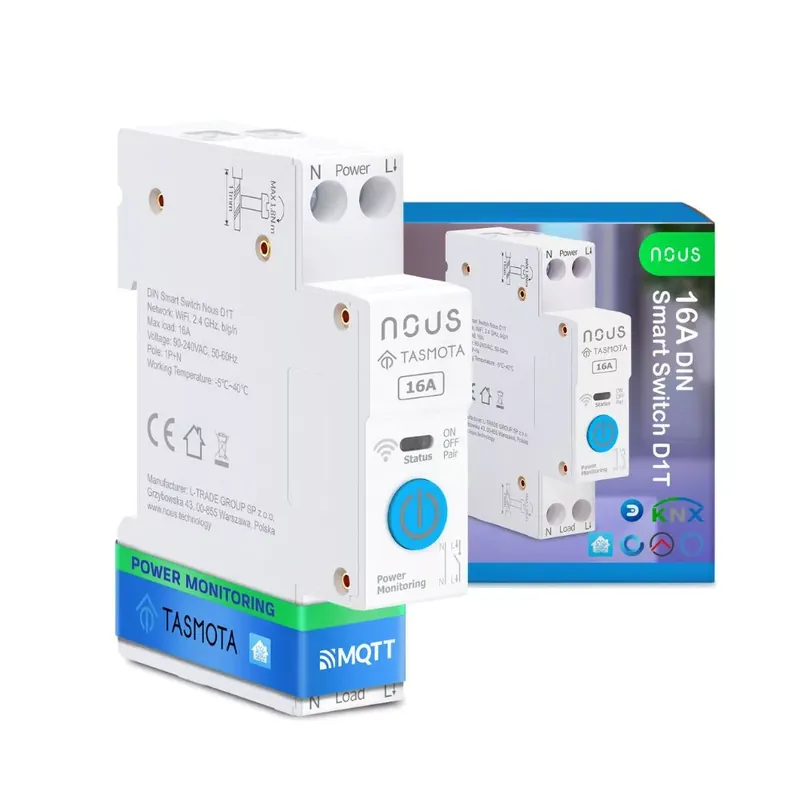 Nous D1T DIN-sín kompatibilis Wi-Fi-s fogyasztásmérős relémodul, Tasmota firmware, Matter kompatibilis, 16A Árcsökkenés