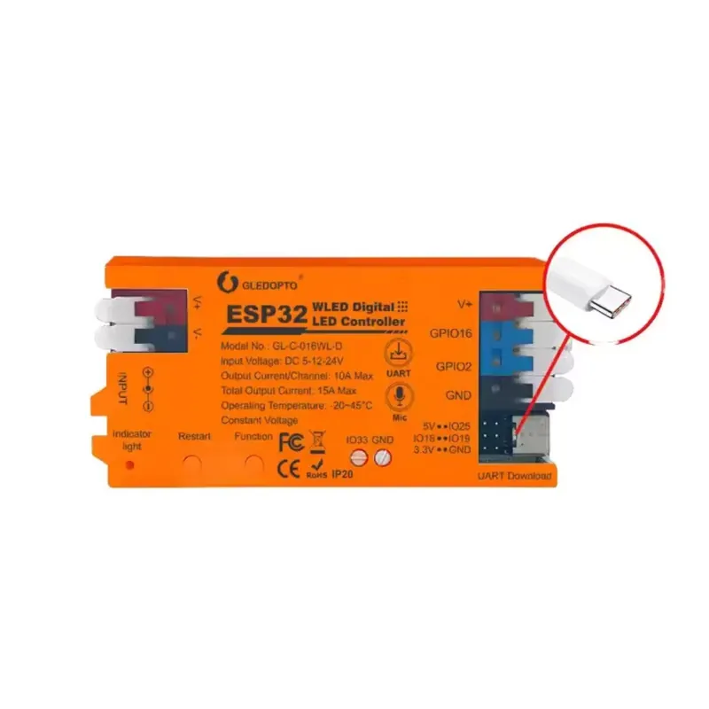 Vedd meg online Gledopto GL-C-016WL-D Wi-Fi-s RGBIC LED vezérlés, 5V-24V DC, WLED firmware-rel, mikrofonnal, egyedi DIY firmware támogatással