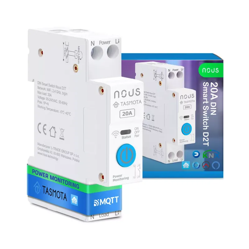 Nous D2T DIN-sín kompatibilis Wi-Fi-s fogyasztásmérős relémodul, Tasmota firmware, Matter kompatibilis, 20A Szezonális akció