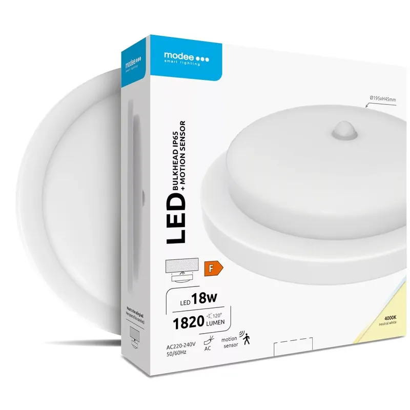 Szuper akció Modee LED Bulkhead Kerek 18W 4000K (D195x45mm) IP65+PIR (1820 lumen) fehér ERP
