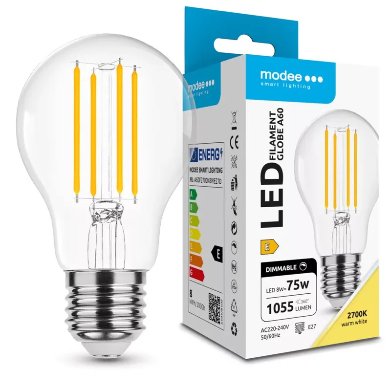 Újdonság Modee LED Izzó Filament A60 8W E27 360° 2700K (1055 lumen) dimm. ERP