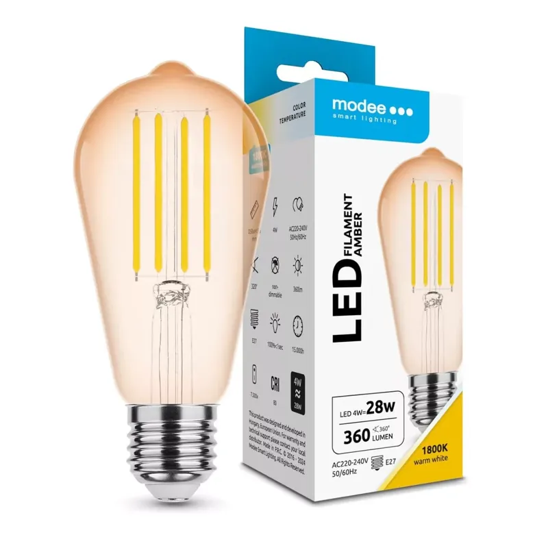 Modee LED Izzó Filament Amber ST58 4W E27 320° 1800K (360 lumen) Prémium