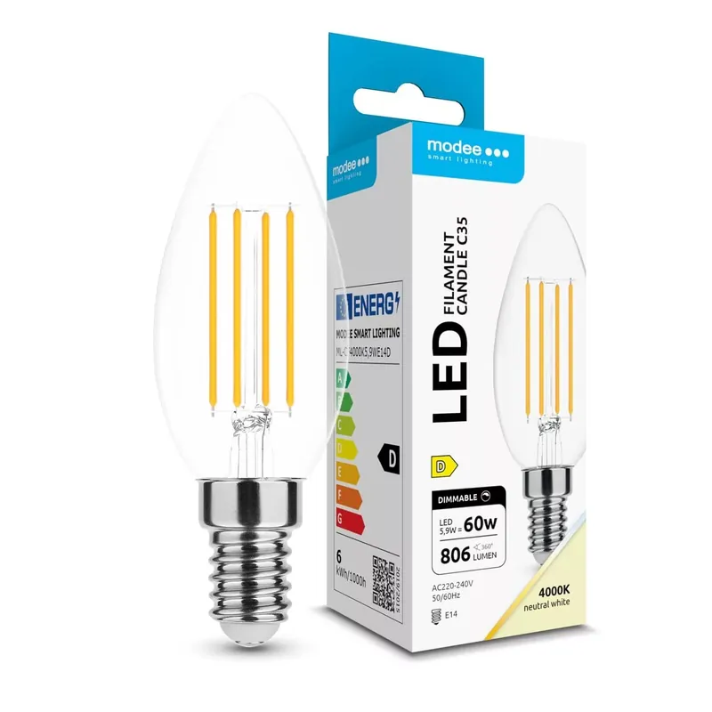 Modee LED Izzó Filament Gyertya C35 5,9W E14 360° 4000K (806 lumen) dimm. ERP Biztonságos fizetés