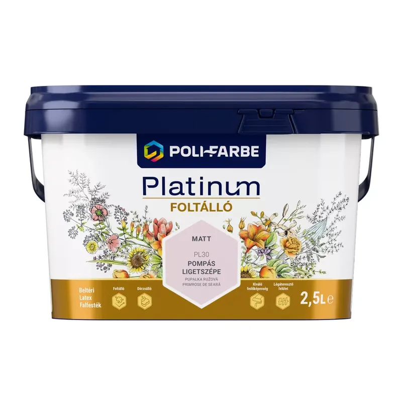 Azonnal elérhető Poli-Farbe Platinum Foltálló Pompás ligetszépe PL30 2,5l beltéri latex falfesték