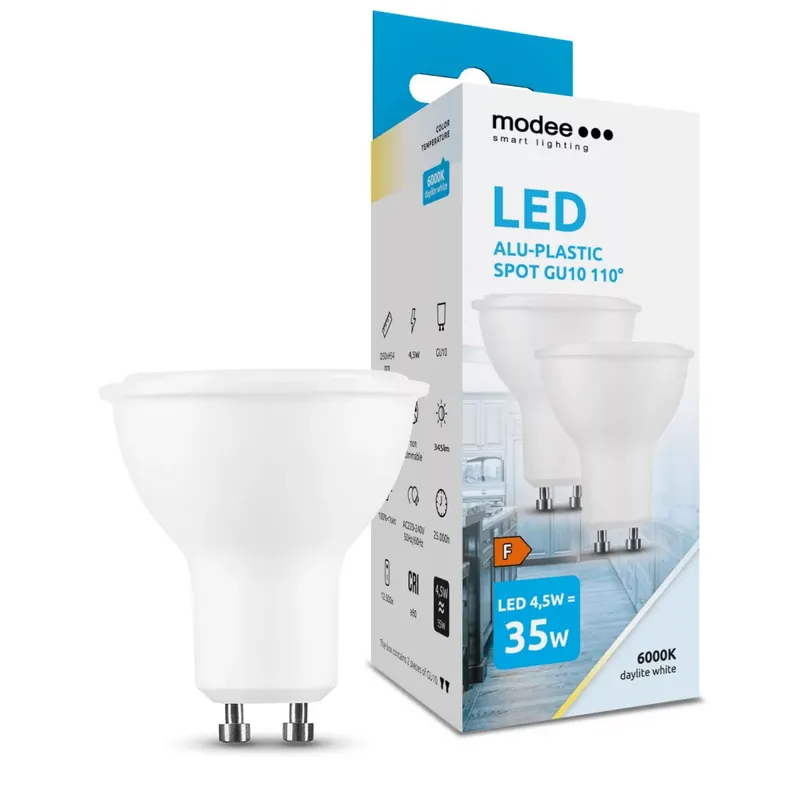 Kiárusítás Modee Lighting LED Izzó Spot Alu-Plastic 4,5W GU10 110° 6000K (400 lumen) ERP B2
