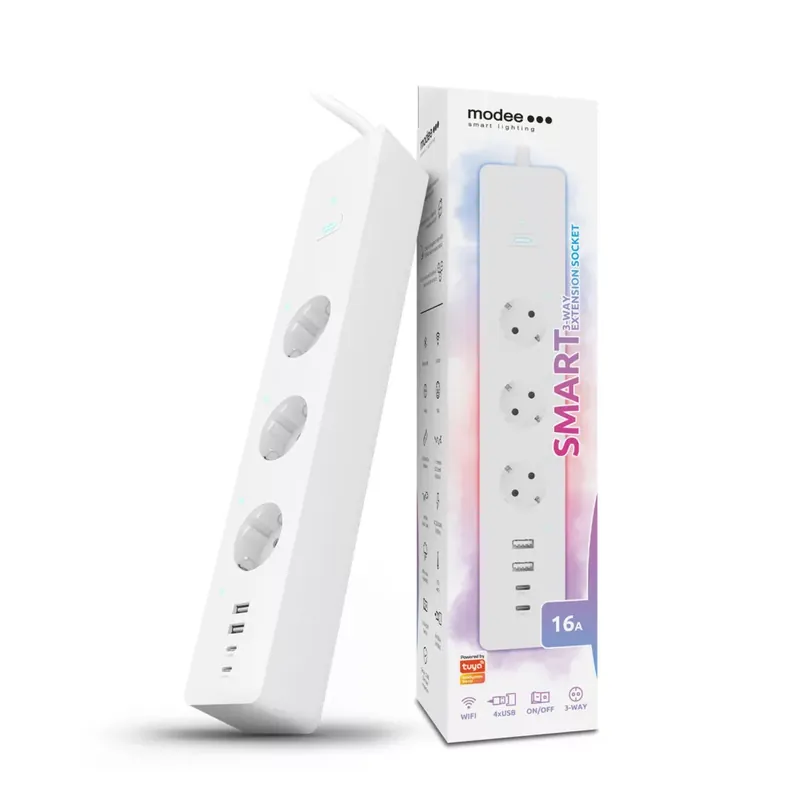 Modee Smart Elosztó (Tuya Wi-Fi) 3 utas 1,5m kábellel 1,5mm2 rézkábel + USB 16A Ne maradj le