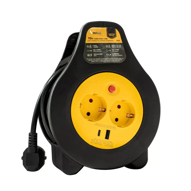Szuper ajánlat Technik Professional Kábeldob 2 utas 10m +1 x USB-A +1 x USB-C 1,5mm2 16A