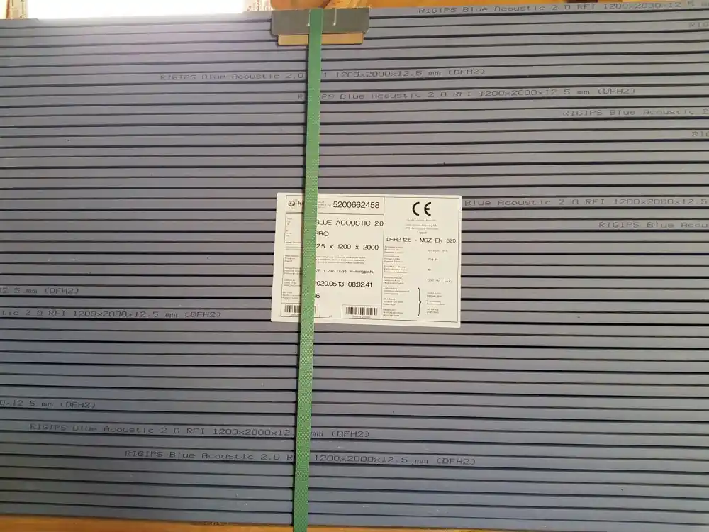 Gipszkarton tábla hanggátló, tűzgátló, impregnált BlueAcoustic RFI 12,5mm - Rigips (2,4 m2/tábla) Kihagyhatatlan ajánlat