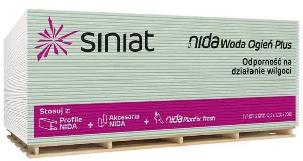 Outlet Gipszkarton tábla imrpegnált-tűzgátló 15mm Siniat Nida (2,5m2/tábla)