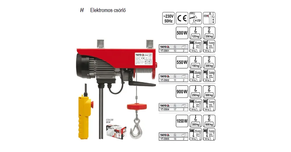 YATO 5904 CSÖRLŐ ELEKTROMOS 900W TEHERBÍRÁS 500KG Legnépszerűbb