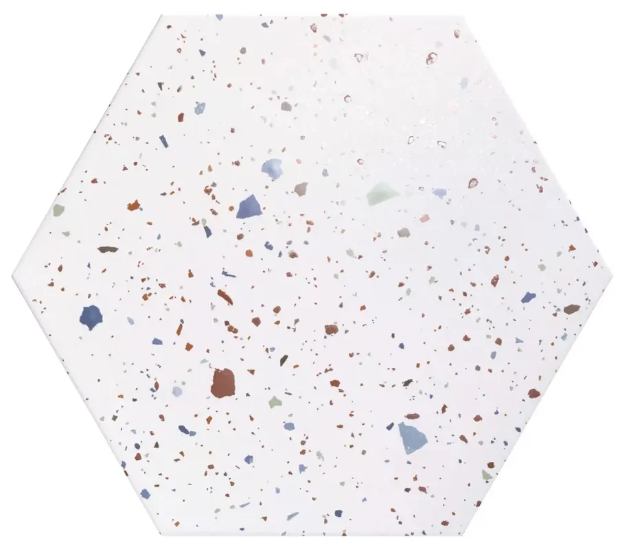 Korlátozott ajánlat Realonda Confeti White 56 x 48,5 hexagon terrazzo mintás járólap